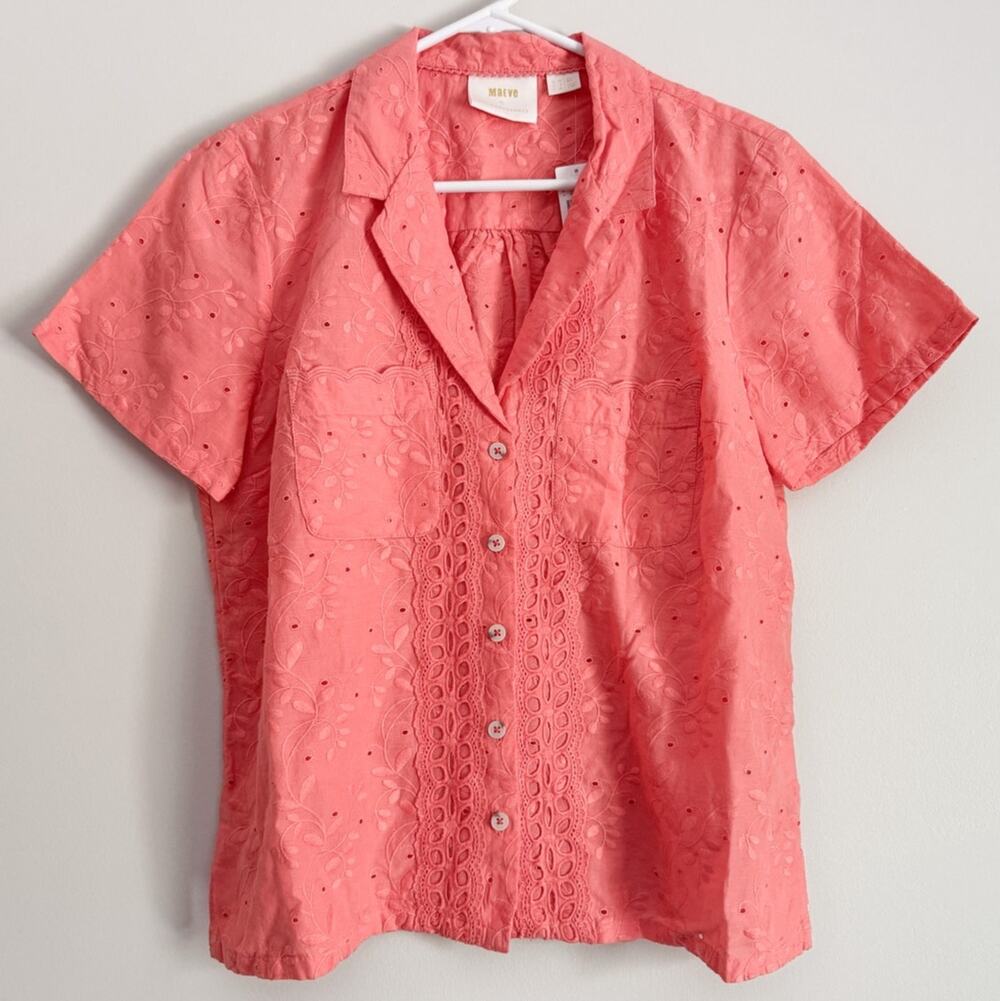 Maeve Anthropologie Button Up Shirt Coral Coastal Boho Cottage Resort Grandma